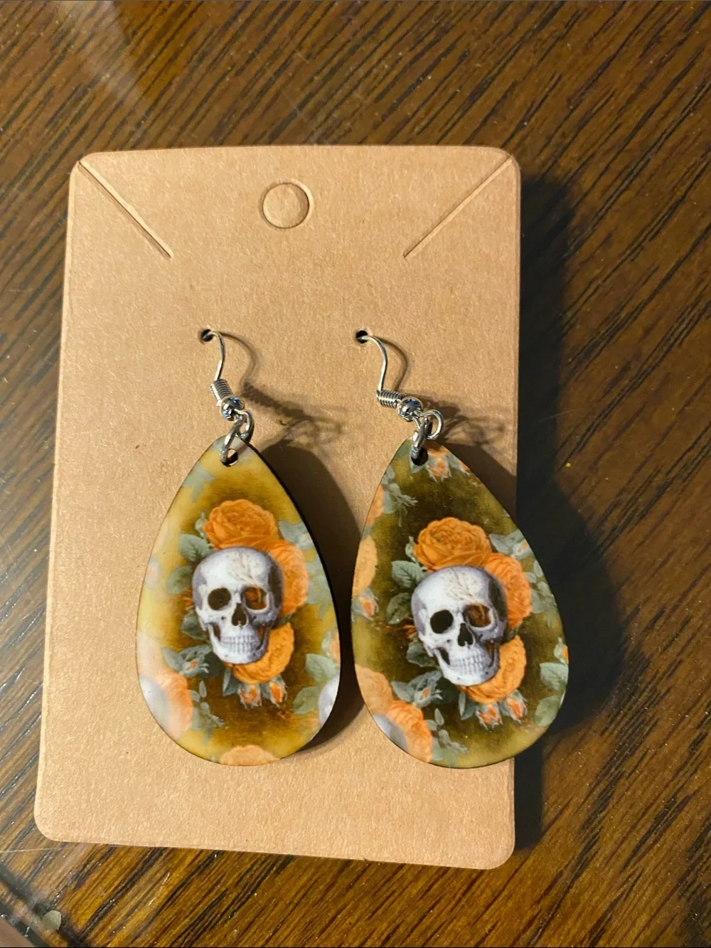 Skull & Orange Rose Teardrop Earrings